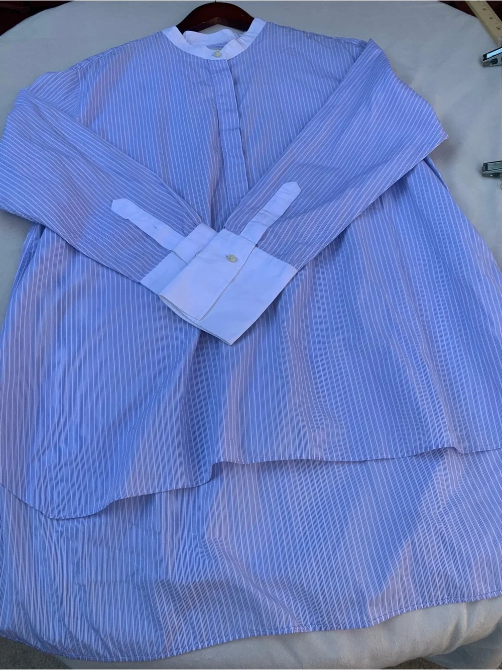 ANN MASHBURN Light Blue Pinstripe Grandad-Collar Shirt with White Accents